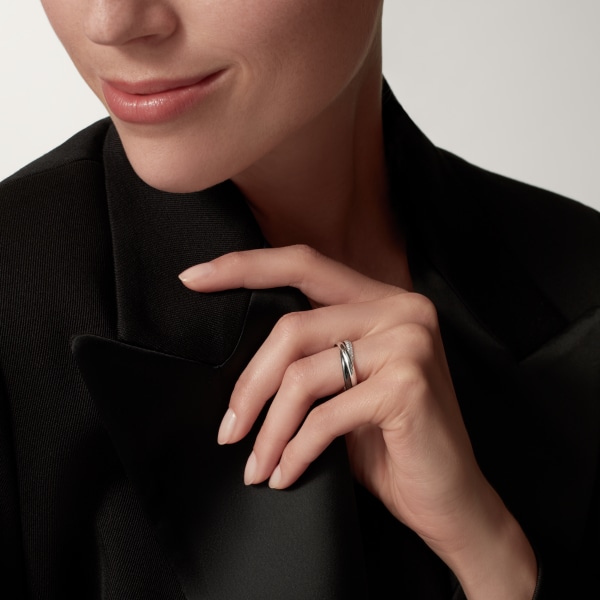 Trinity ring, ceramic, small model, semi-paved White gold, ceramic, diamonds