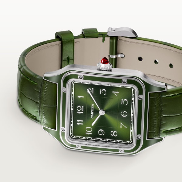 Santos-Dumont watch Large model, hand-wound movement, platinum, leather