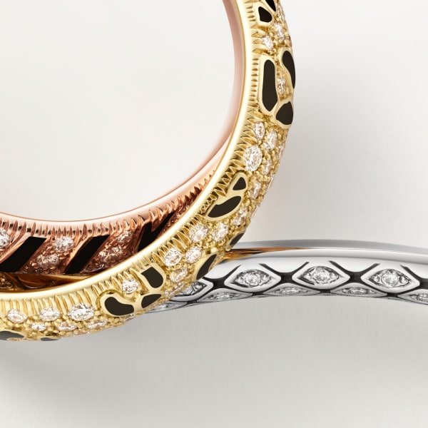 Trinity two-finger ring, lacquer, paved Yellow gold, rose gold, white gold, lacquer, diamonds