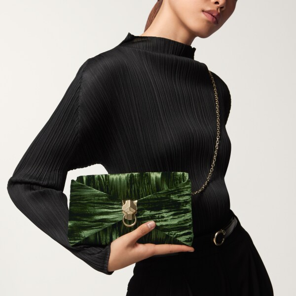 Pouch, Panthère Graphique Green pleated velvet, golden finish