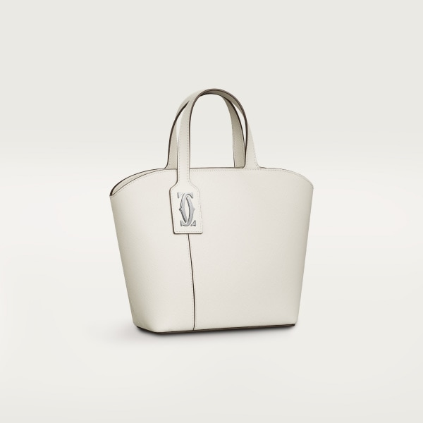 Mini tote bag, C de Cartier Salt white textured calfskin, embroidery, palladium finish