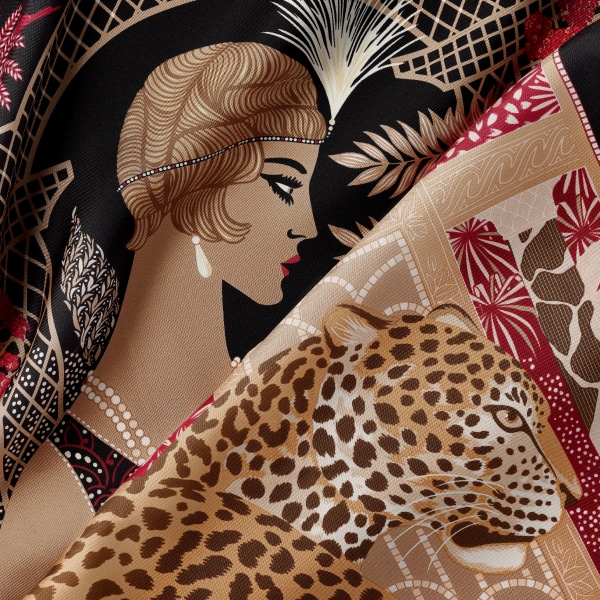 90 scarf, Woman with a Panther Red silk twill 