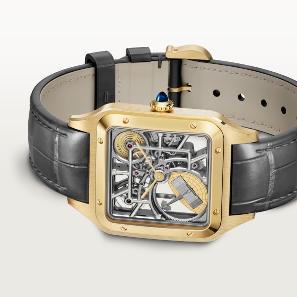 Santos-Dumont skeleton watch equipped with a micro-rotor Large model, automatic skeleton movement, yellow gold, 2 leather straps