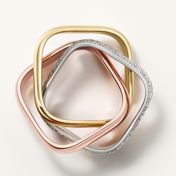 Trinity cushion ring, classic model, paved White gold, yellow gold, rose gold, diamonds