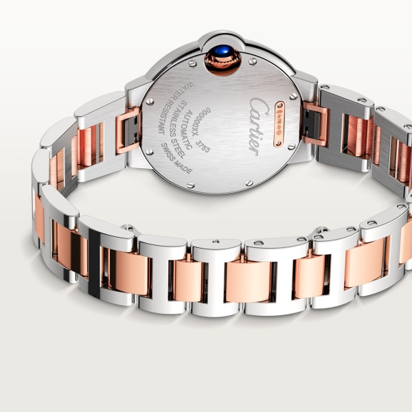 Ballon Bleu de Cartier watch 33 mm, mechanical movement with automatic winding, rose gold, steel, diamonds