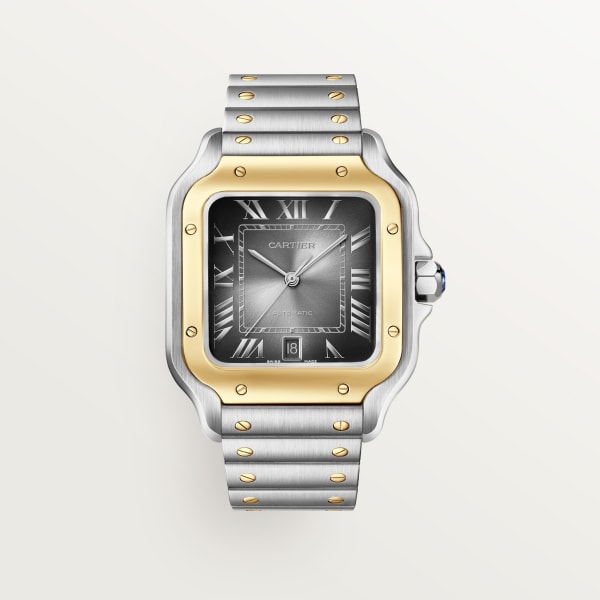 Santos de Cartier腕表 大号表款，自动上链机械机芯，黄金与精钢，可替换式金属表链与皮革表带