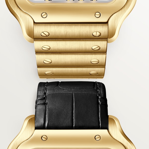Santos-Dumont watch Large model, manual skeleton movement, yellow gold, interchangeable metal and leather straps