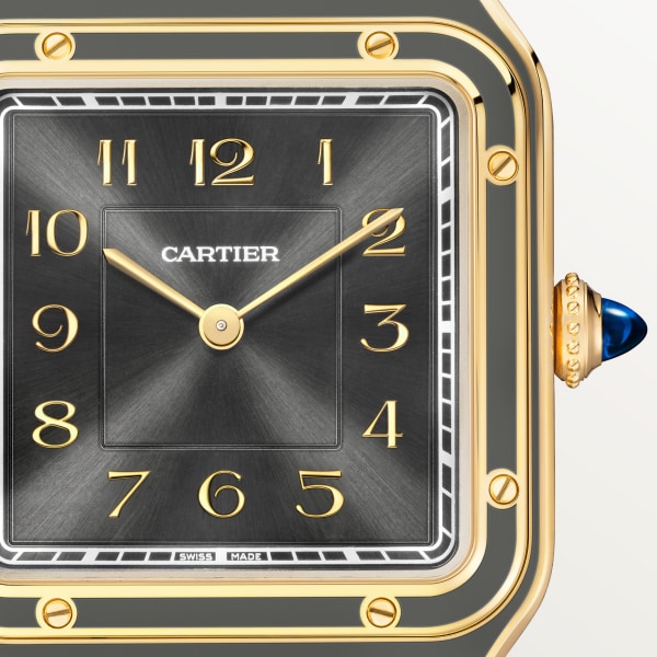 Santos-Dumont watch Large model, manual movement, yellow gold, leather