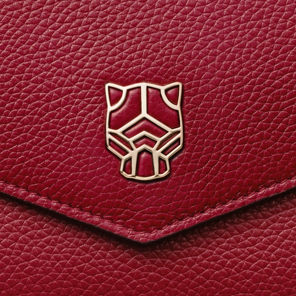 International wallet with flap, Panthère de Cartier Burgundy calfskin, golden finish and burgundy enamel