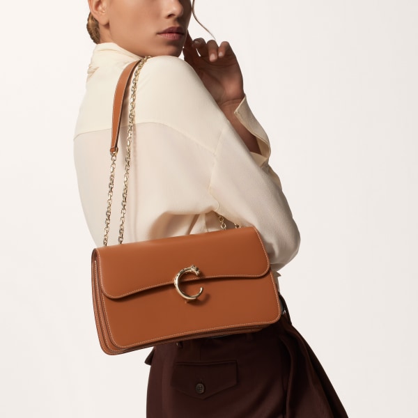 Chain bag small, Panthère de Cartier Caramel calfskin, golden finish
