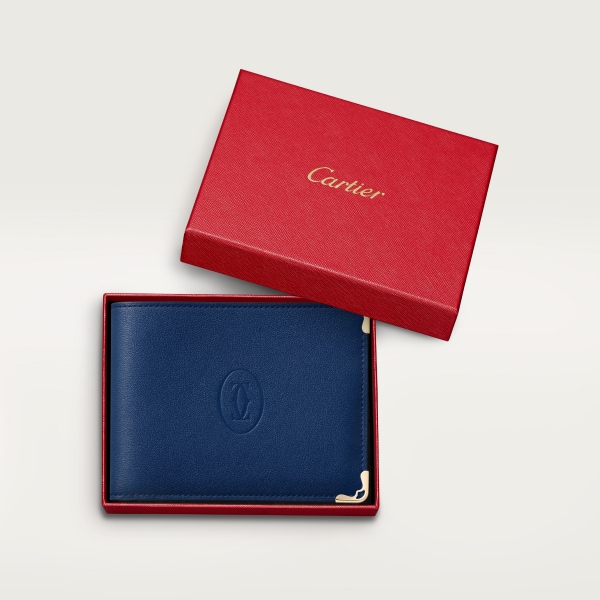 Six-credit card compact wallet, Must de Cartier Deep blue calfskin, palladium finish