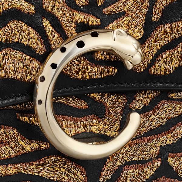 Mini model chain bag, Panthère C de Cartier Black calfskin and golden thread embroidery with tiger motif