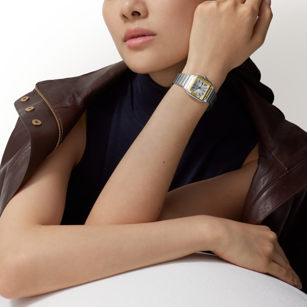 Santos de Cartier watch Small model, quartz movement, yellow gold and steel, interchangeable metal and leather straps