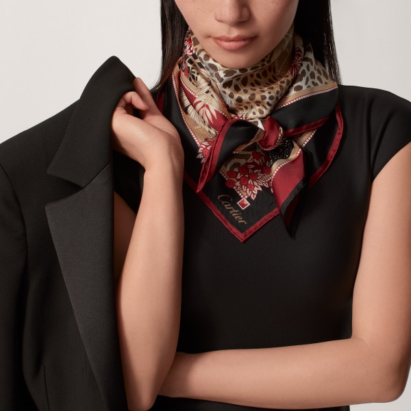 90 scarf, Woman with a Panther Red silk twill 