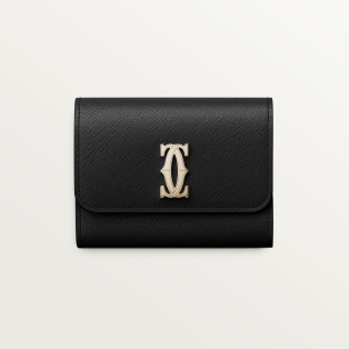 Mini wallet, C de Cartier Black textured calfskin, golden finish