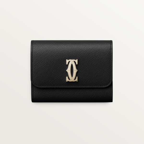 Mini wallet, C de Cartier Black textured calfskin, golden finish