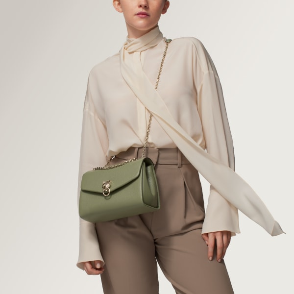Small model chain bag, Panthère Graphique de Cartier Sage green grained calfskin, golden finish