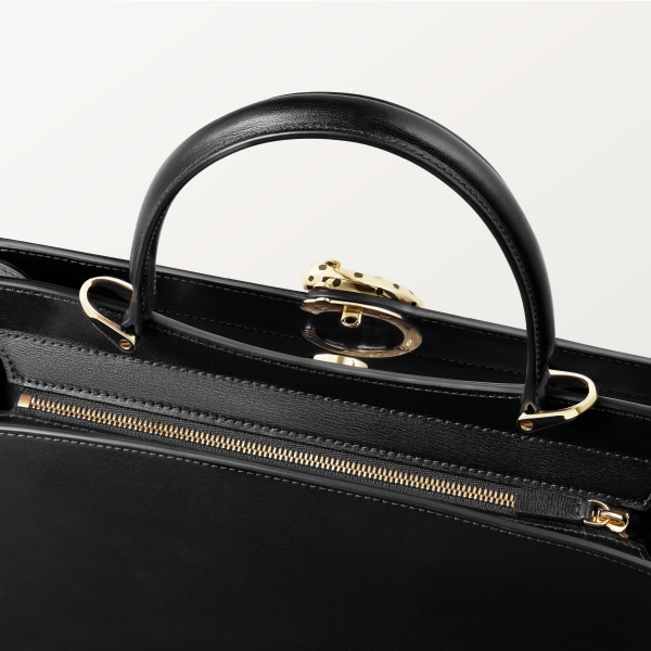 Top handle bag small model, Panthère de Cartier Black calfskin, golden finish