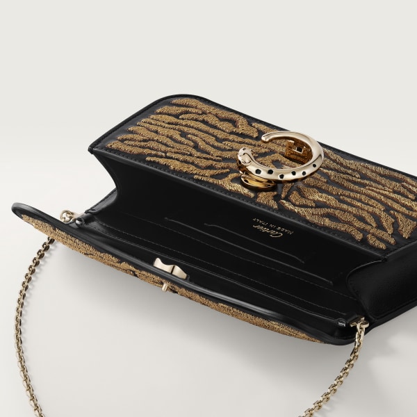 Mini model chain bag, Panthère C de Cartier Black calfskin and golden thread embroidery with tiger motif