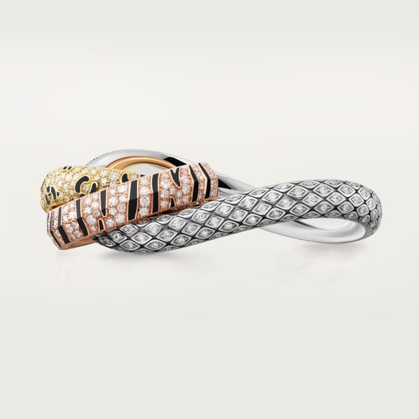 Trinity two-finger ring, lacquer, paved Yellow gold, rose gold, white gold, lacquer, diamonds