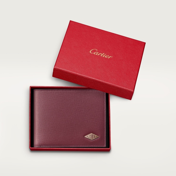 6 credit card wallet, Cartier Losange Burgundy grained calfskin, golden finish and burgundy enamel