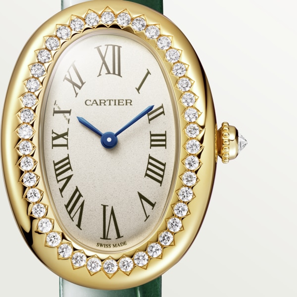 Baignoire watch Small model, quartz movement, yellow gold, diamonds, leather