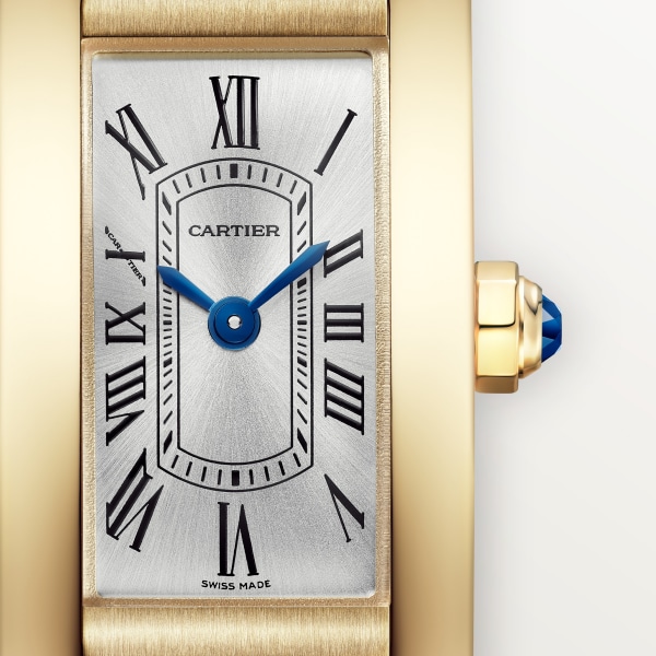 Tank Américaine watch Mini model, quartz movement, yellow gold, leather