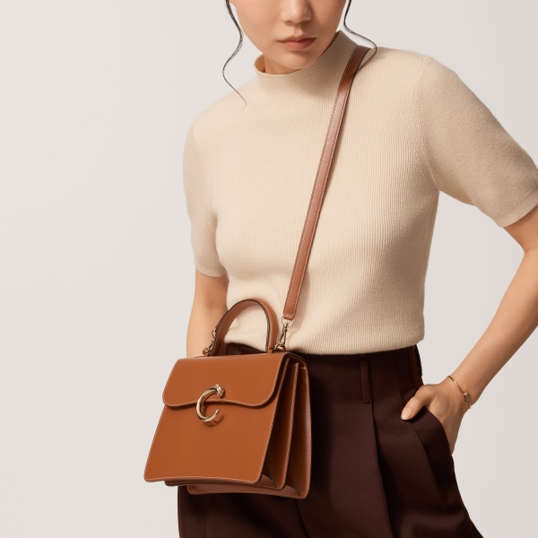 Top handle bag small model, Panthère de Cartier Caramel calfskin, golden finish