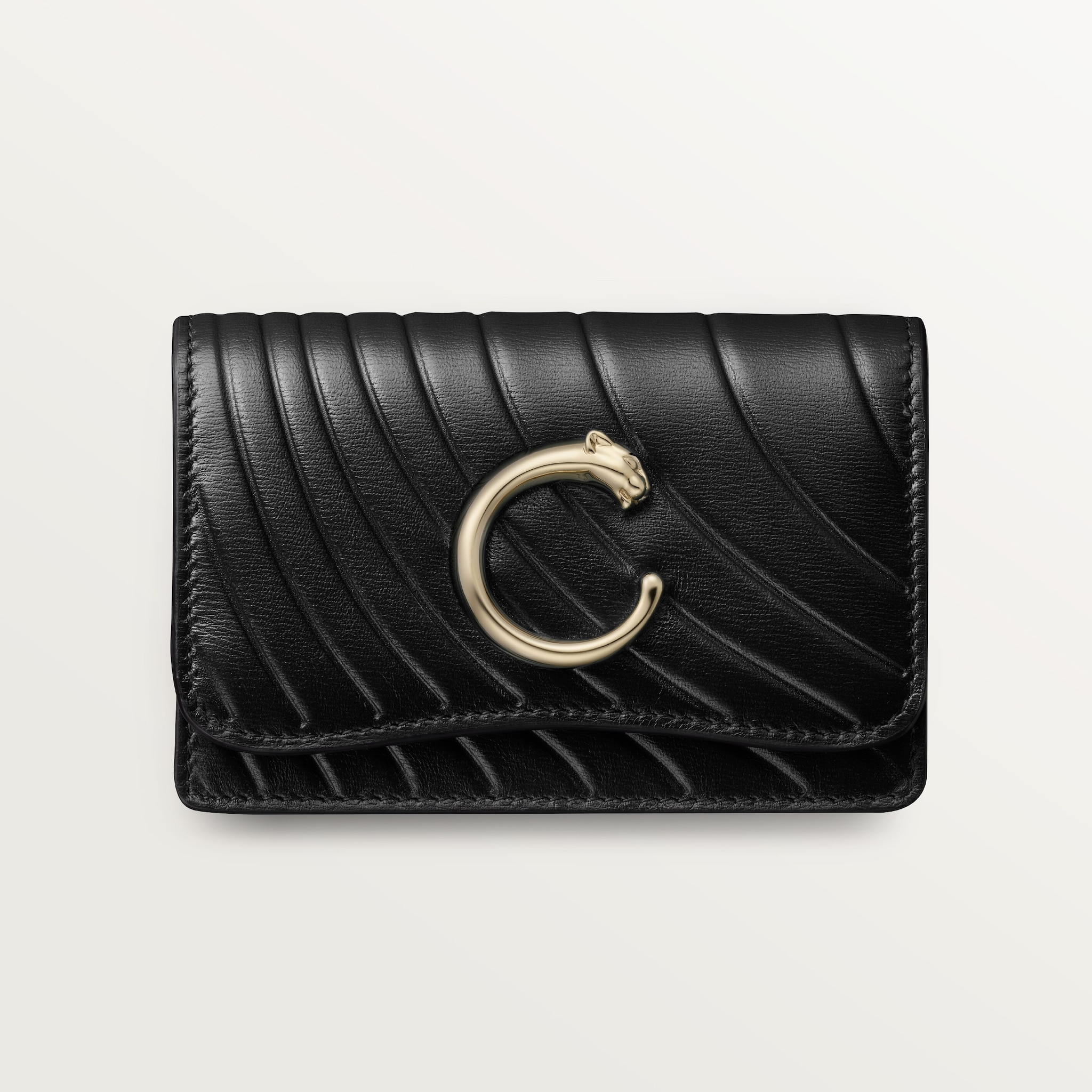 Mini wallet, Panthère de CartierBlack calfskin, embossed Cartier signature motif, golden finish