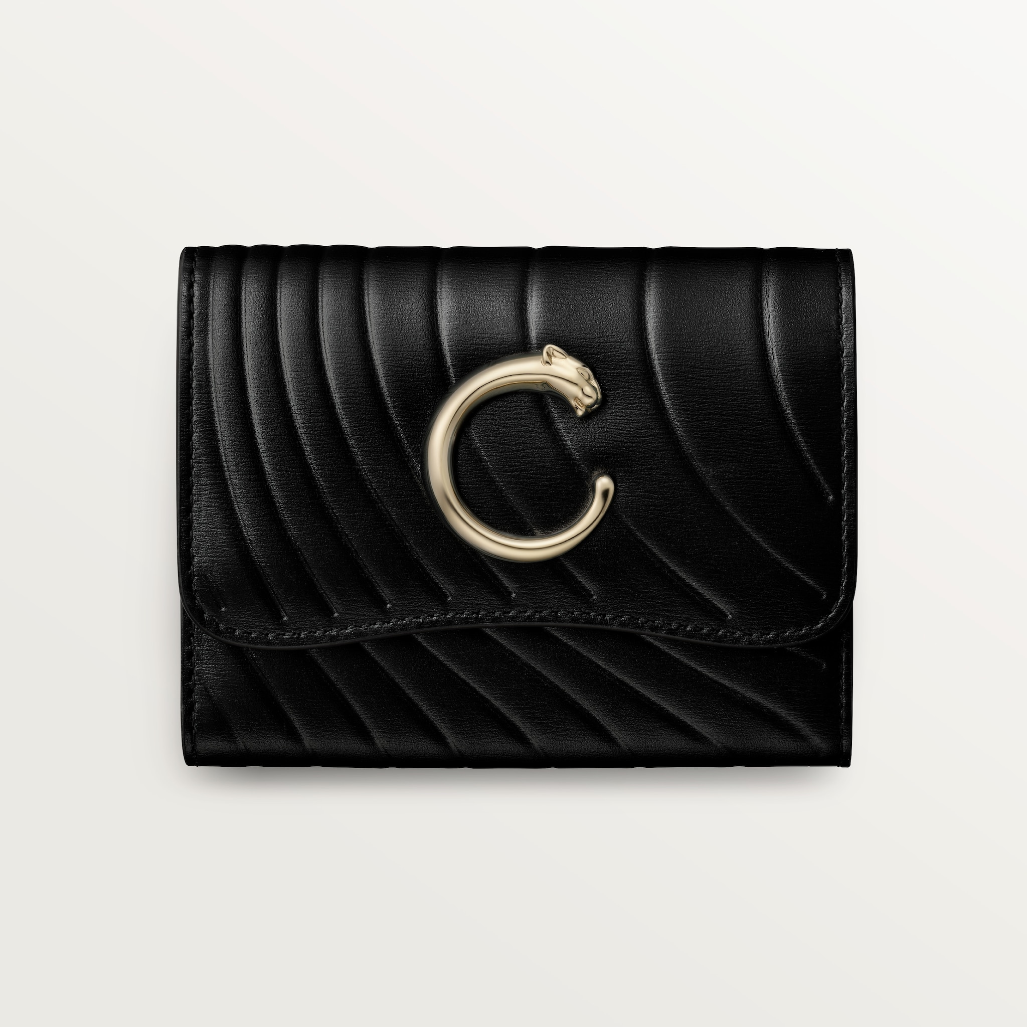 Mini wallet, Panthère de CartierBlack calfskin, embossed Cartier signature motif, golden finish