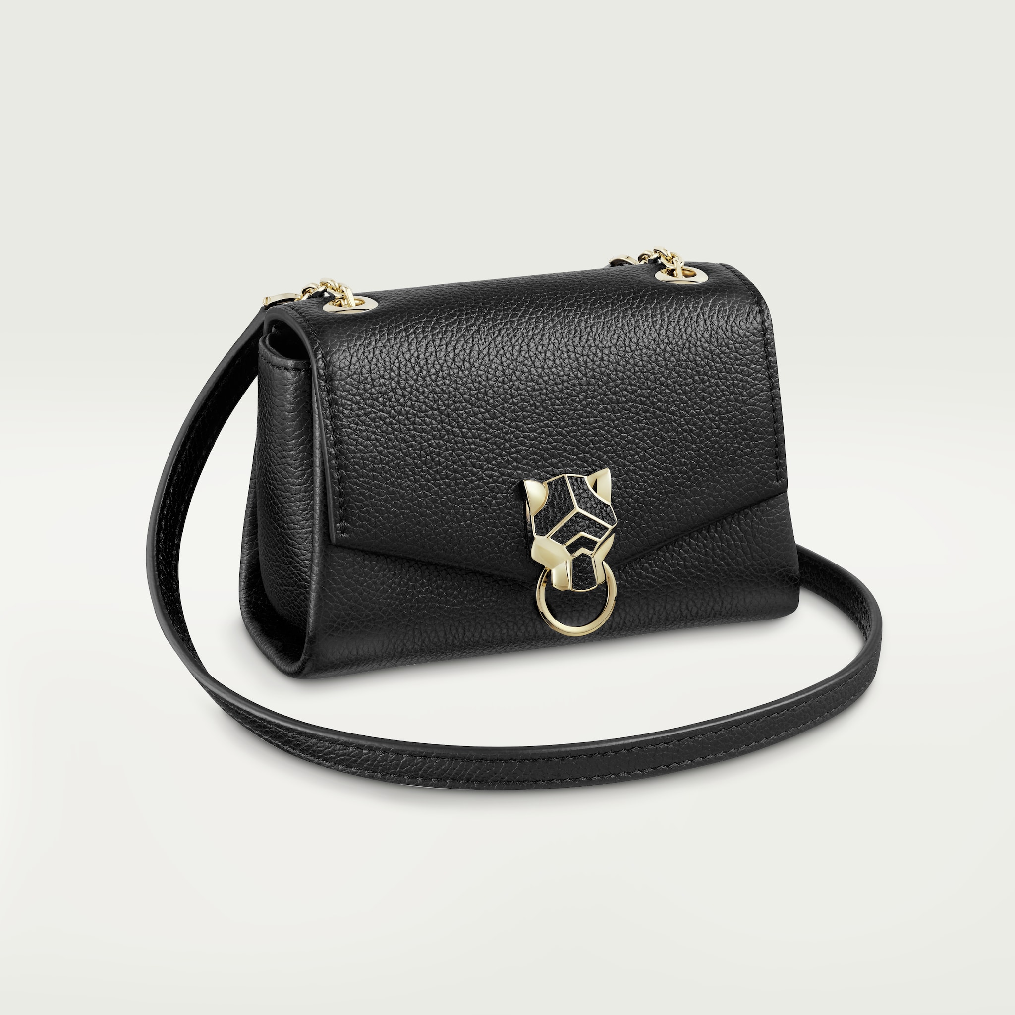 Chain bag micro, Panthère de CartierBlack calfskin, golden finish