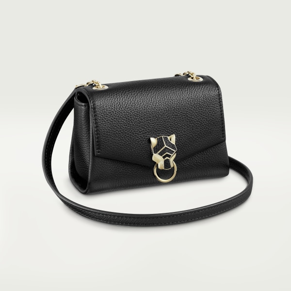 Chain bag micro, Panthère de Cartier Black calfskin, golden finish