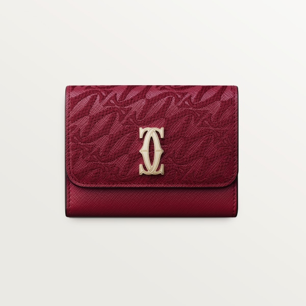 Mini wallet, C de Cartier Cherry red textured calfskin, embroidery, golden finish