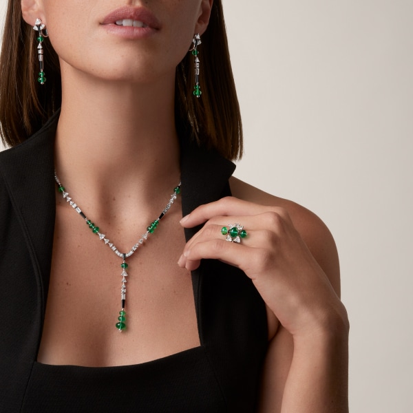 En Équilibre earrings, emerald, paved White gold, onyx, emeralds, diamonds