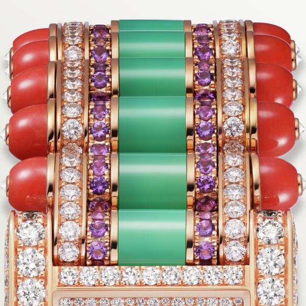 Tank jewellery watch Large model, quartz movement, rose gold, diamonds, amethysts, chrysoprase, coral