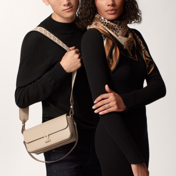 East-west bag, C de Cartier Beige textured calfskin, embroidery, golden finish
