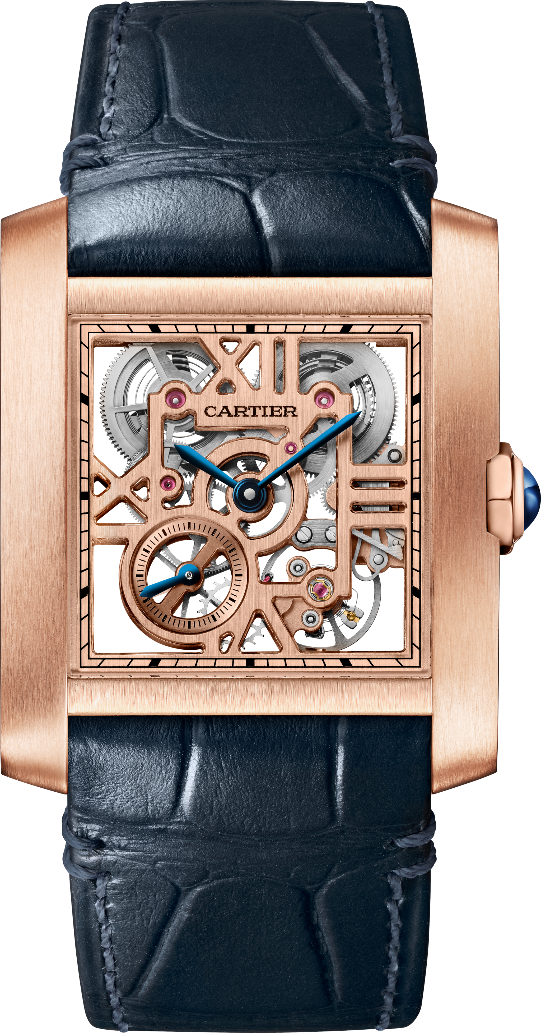 Tank Française skeleton watchLarge model, manual skeleton movement, rose gold, leather
