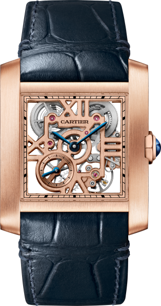 Tank Française skeleton watch Large model, manual skeleton movement, rose gold, leather