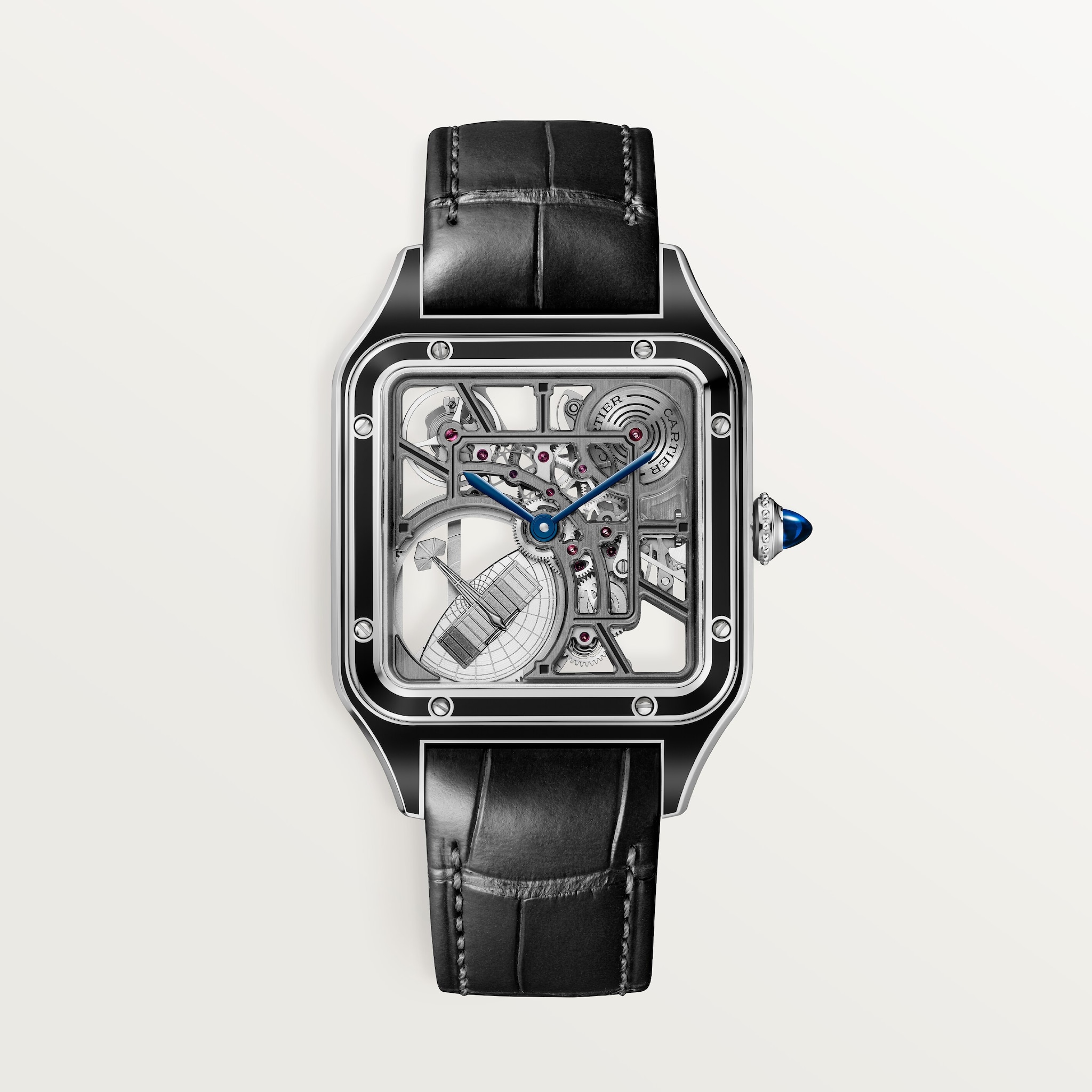 Santos-Dumont skeleton watch equipped with a micro-rotorLarge model, automatic skeleton movement, steel, lacquer, 2 leather straps