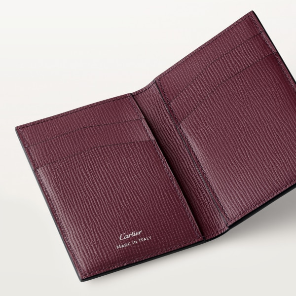 Four-credit card holder, Cartier Losange Caramel-coloured and burgundy calfskin with diamond dots print, palladium finish and burgundy enamel