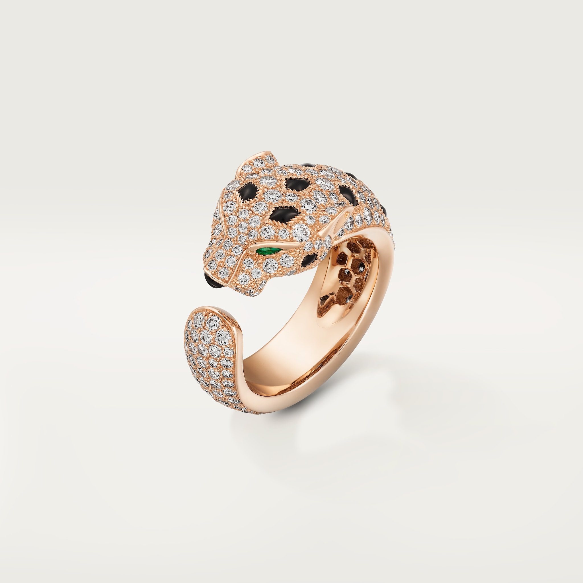 Panthère de Cartier ring, medium model, pavedRose gold, diamonds, onyx, emeralds