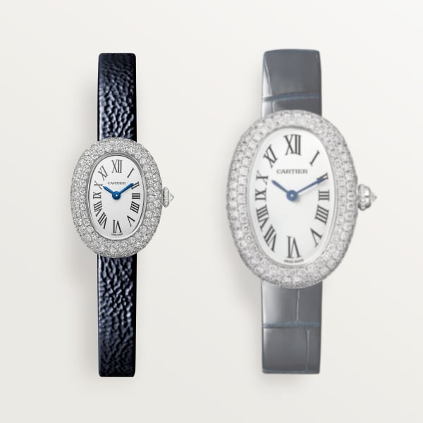 Baignoire watch Mini model, quartz movement, white gold, diamonds, leather
