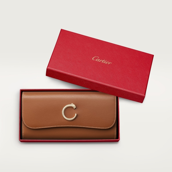 International wallet with flap, Panthère de Cartier Caramel calfskin, golden finish
