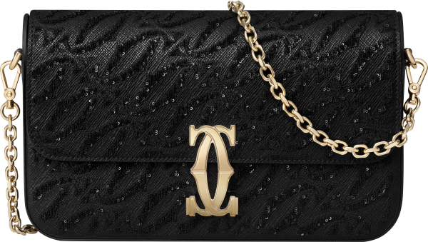 Mini model chain bag, C de Cartier Black textured calfskin, embroidery, golden finish