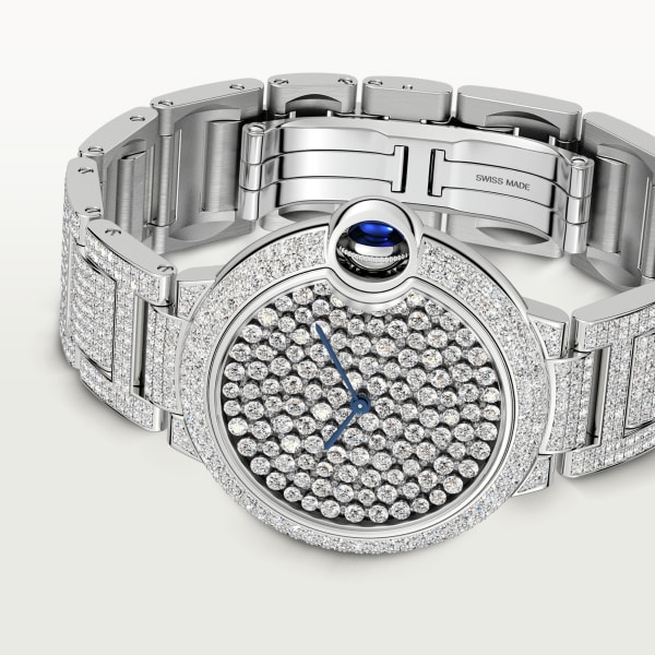 Ballon Bleu de Cartier watch 37 mm, automatic mechanical movement, white gold, diamonds, metal bracelet