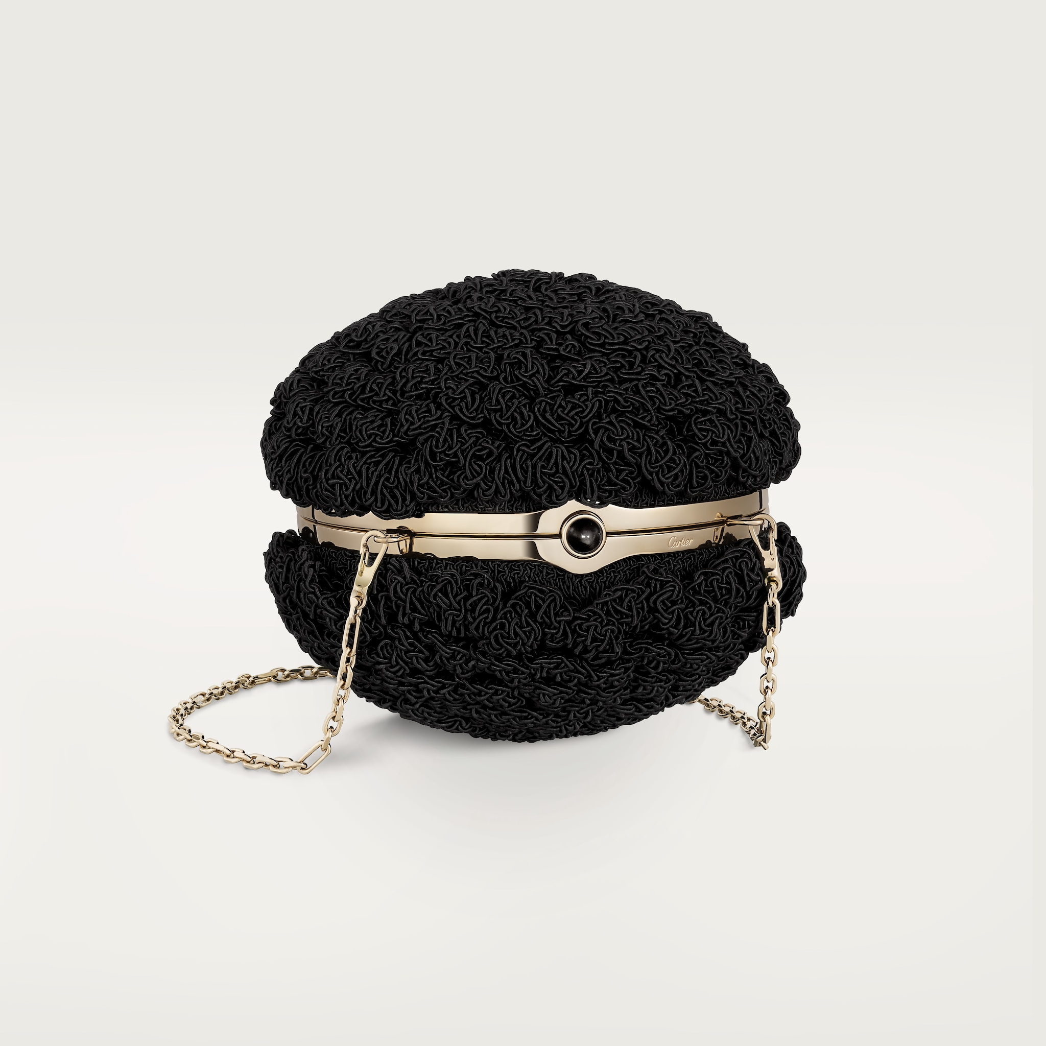 Round crochet bag, Cartier SoirBlack crochet fabric, golden obsidian and golden finish