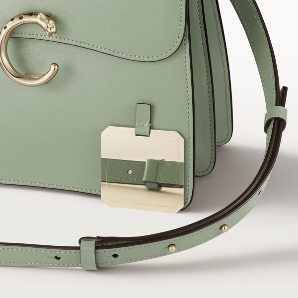 Small model handle bag, Panthère C de Cartier Sage green calfskin, golden finish
