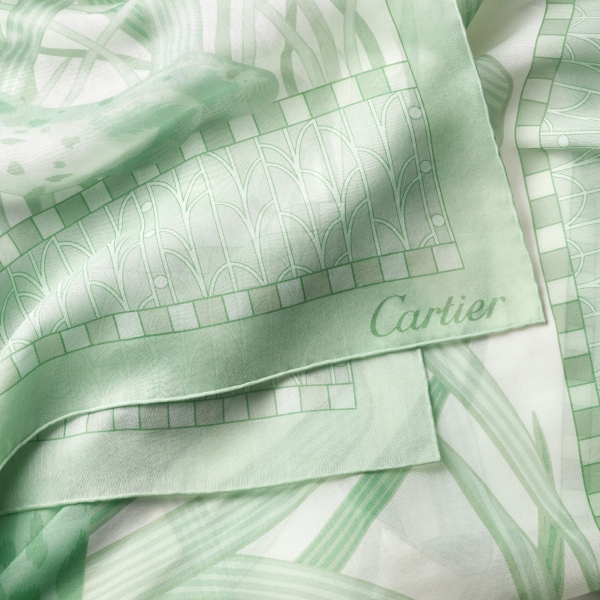 Rectangular scarf, Panther in the Jungle  Sage green cotton and silk twill