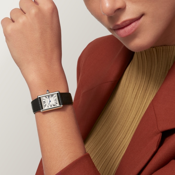 Tank Must de Cartier watch Small model, SolarBeat™ photovoltaic movement, steel, calfskin strap