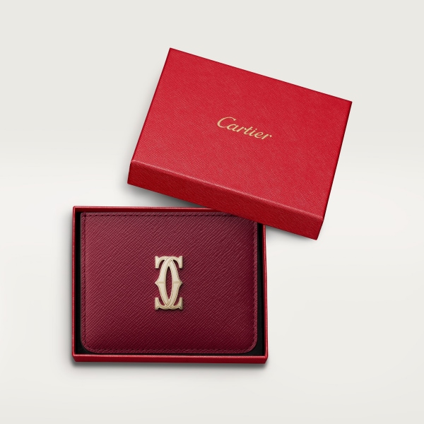 Simple card holder, C de Cartier Cherry red textured calfskin, golden finish